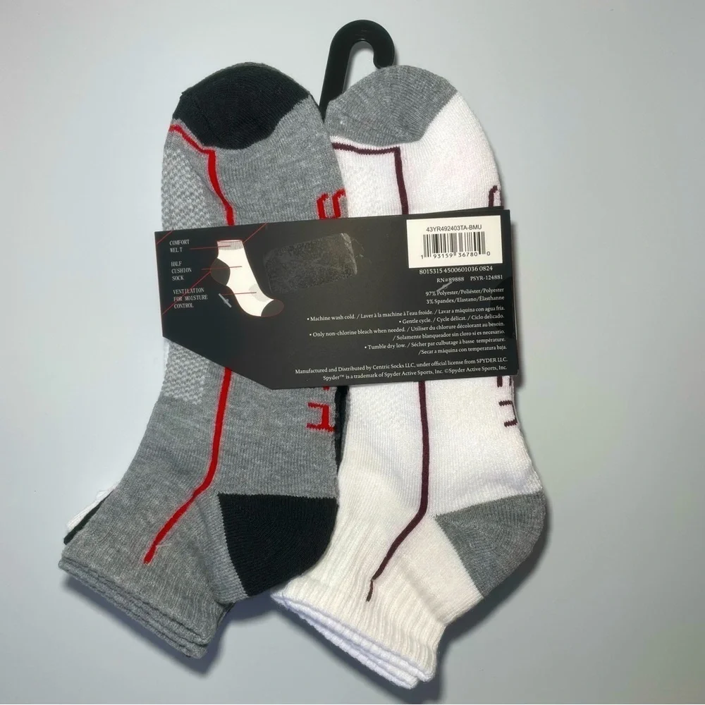 Spyder men’s quarter socks 6 pairs size 6-12 white black gray red maroon